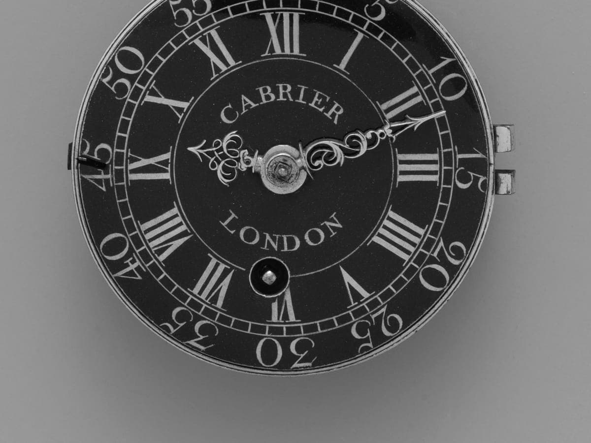 Enamel watch dial with Roman numerals, signed Cabrier, London, in black and white